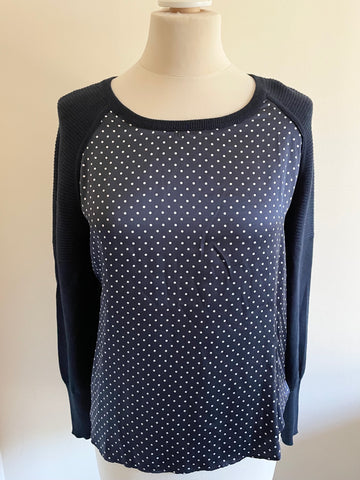 PURE COLLECTION NAVY BLUE & WHITE SPOT SILK FRONT JUMPER SIZE 14
