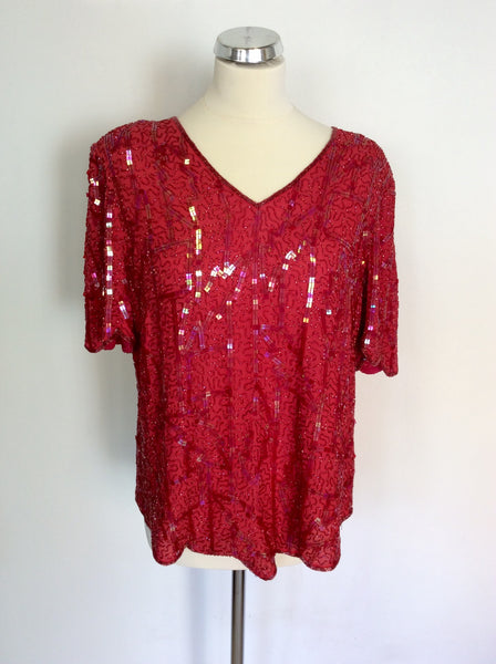 FRANK USHER PINK BEADED & SEQUINED EVENING TOP SIZE 20