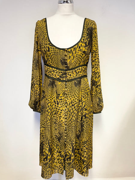JENNY DYER LONDON 100% SILK MUSTARD & GREEN PRINT FIT & FLARE DRESS SIZE 10