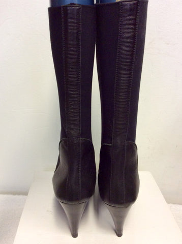 MARCCAIN BLACK LEATHER & STRETCH FABRIC CALF LENGTH BOOTS SIZE 6/39