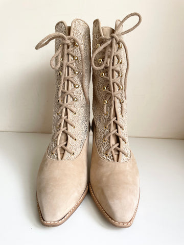 BRAND NEW VINTAGE STUART WEITZMAN MISS KITTY CREAM SUEDE & LACE CALF LENGTH BOOTS SIZE 4/37