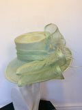 MINOSA LIGHT GREEN FEATHER & BOW TRIM WIDE BRIM FORMAL HAT