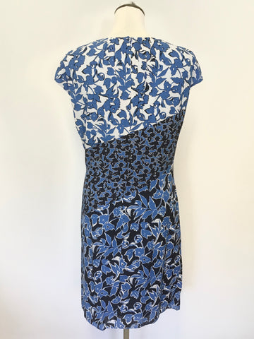 WHISTLES SILK TURQUOISE BLUE,NAVY & WHITE FLORAL PRINT CAP SLEEVE DRESS SIZE 14