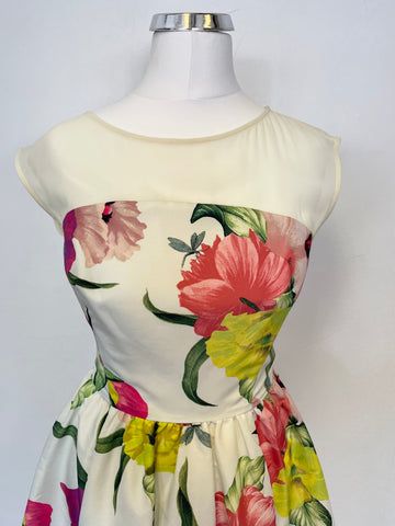 TED BAKER IBIRIS IVORY & MULTI COLOURED FLORAL PRINT FIT & FLARE DRESS SIZE 0 UK 6