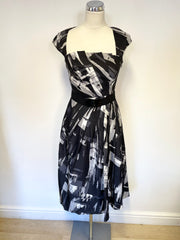 BRAND NEW LK BENNETT BLACK & SILVER GREY PRINT SILK MIDI DRESS SIZE 6