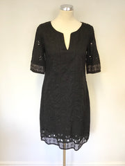 MONSOON BLACK BROIDERY ANGLAISE & EMBROIDERED SHORT SLEEVE SHIFT DRESS SIZE 10
