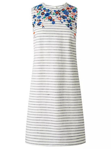 LK BENNETT BEA BLUE & WHITE STRIPE WITH FLORAL EMBROIDERY SHIFT DRESS SIZE 12
