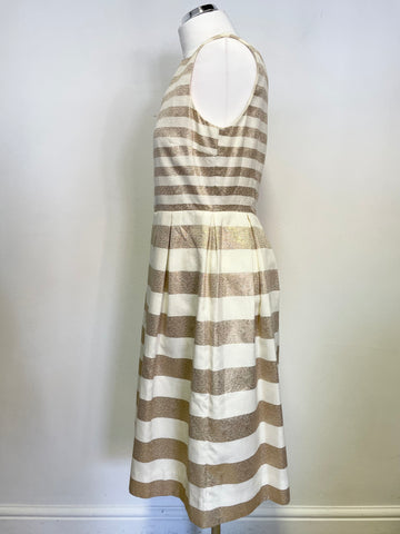 LK BENNETT CARA IVORY & GOLD METALLIC STRIPE FIT & FLARE SPECIAL OCCASION DRESS SIZE 14