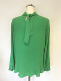 MARCCAIN GREEN TIE BACK LONG SLEEVE FRILL TRIM BLOUSE SIZE N4 UK 14