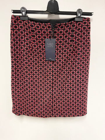 BRAND NEW MARKS & SPENCER RED, GREY & BLACK PATTERNED PENCIL SKIRT  SIZE 10