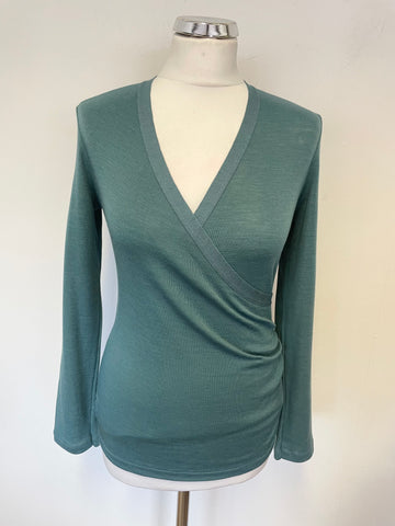 BRAND NEW BELLA DI NOTTE ITALIAN GREEN MERINO WOOL & SILK CROSS OVER FINE KNIT TOP SIZE 12