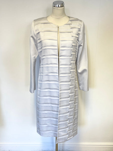 BRAND BEW LIZABELLA SILVER GREY ELEGANT PLEATED FRONT LONG LINE JACKET SIZE 12