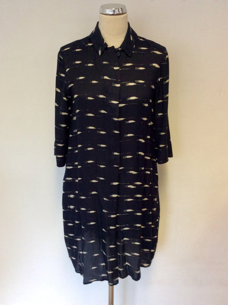 HOBBS NAVY BLUE & CREAM PRINT SHIRT DRESS SIZE 8