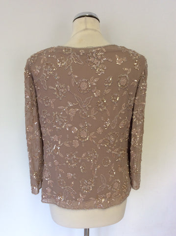 JACQUES VERT TAUPE BEADED & SEQUINNED SILK TOP SIZE 12