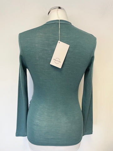 BRAND NEW BELLA DI NOTTE ITALIAN GREEN MERINO WOOL & SILK CROSS OVER FINE KNIT TOP SIZE 12