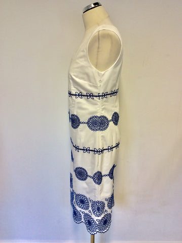 BODEN WHITE & BLUE EMBROIDERED COTTON DRESS SIZE 10L