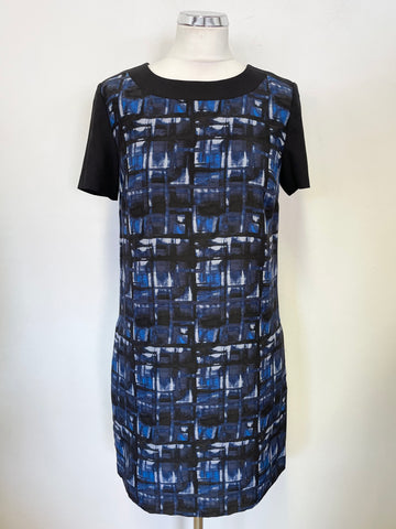 JIGSAW BLACK & BLUE PRINT 100% SILK SHORT SLEEVED SHIFT DRESS SIZE 10