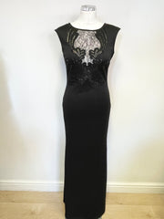 LIPSY BLACK LACE & SEQUIN TRIMMED SLEEVELESS LONG EVENING DRESS SIZE 10