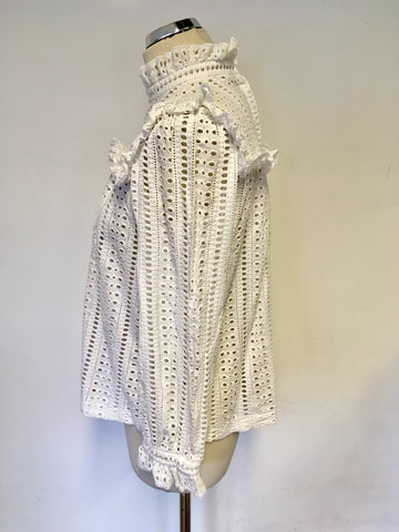 CAUDIE PIERLOT WHITE BROIDERY ANGLAISE HIGH NECK TOP SIZE 38 UK 10