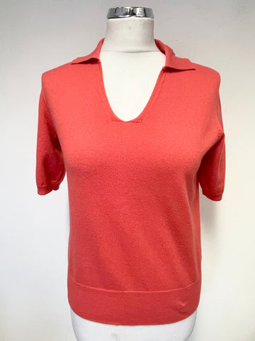 PURE COLLECTION CORAL COTTON & CASHMERE COLLARED SHORT SLEEVE JUMPER SIZE 10