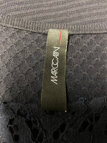 MARCCAIN NAVY KNIT LACE TRIMMED CAP SLEEVE A LINE DRESS SIZE 4 UK 14