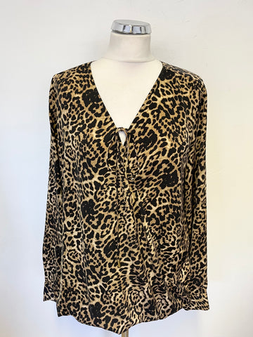 IN WEAR BROWN & BLACK PRINT WRAP ACROSS FRONT BLOUSE SIZE 14