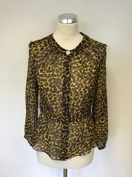 JAEGER BROWN & CAMEL ANIMAL PRINT SILK BLOUSE SIZE 10