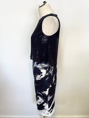 PHASE EIGHT NAVY BLUE & WHITE PRINT SHEER OVERLAY TOP PENCIL DRESS SIZE 14