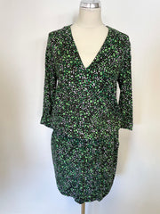 & OTHER STORIES GREEN & BLACK PRINT 3/4 SLEEVE ELASTICATED WAIST DRESS SIZE 8
