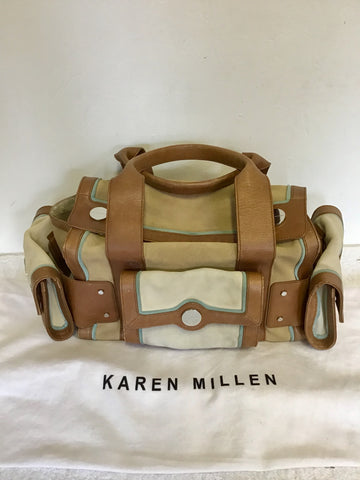 KAREN MILLEN TAN LEATHER & BEIGE,CREAM & TURQUOISE TRIM SUEDE HAND BAG