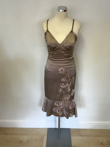 KAREN MILLEN MINK SILK EMBROIDERED STRAPPY DRESS SIZE 8