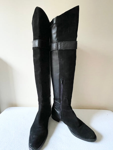 DESIGNER LAVORIZIONE ARTIGIANA SUEDE & LEATHER WITH FAUX LEATHER STRETCH KNEE LENGTH BOOTS SIZE 6/39
