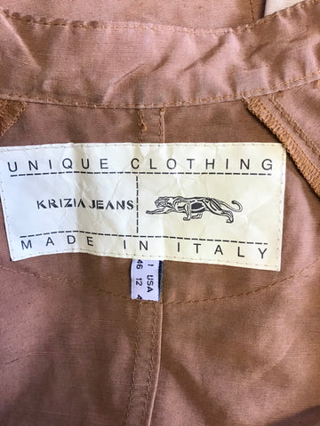 KRIZIA JEANS TAN & CREAM TRIM LIGHTWEIGHT ZIP UP JACKET SIZE 16 BUT FIT UK 12/14