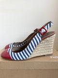 CHRISTIAN LOUBOUTIN BLUE & WHITE CANVAS STRIPE WITH RED TRIM WEDGE HEELS SIZE 5/38