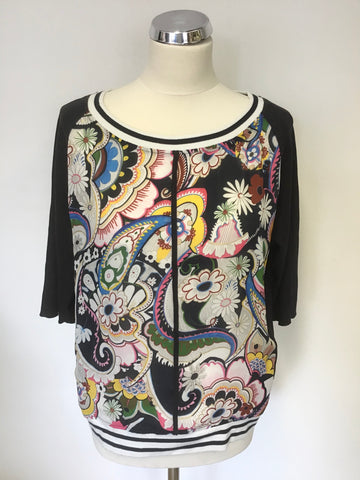MARCCAIN SPORTS BLACK & MULTI COLOURED FLORAL PRINT SHORT SLEEVE TOP SIZE N4 UK 14/16