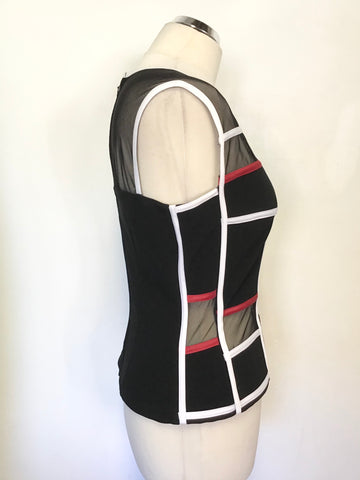 JOSEPH RIBKOFF BLACK,RED & WHITE TRIM MESH PANEL TOP SIZE 12