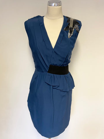WHISTLES BLUE SILK BEADED SHOULDER PEPLUM WAIST TRIM OCCASION PENCIL DRESS SIZE 8