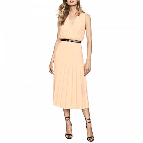 BRAND NEW REISS MARIONA NUDE / PEACH PLEATED MIDI DRESS SIZE 14