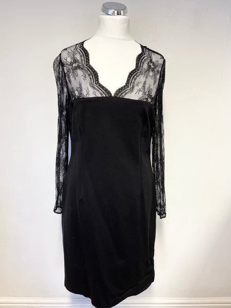 HOBBS BLACK LACE TOP LONG SLEEVE STRETCH JERSEY PENCIL DRESS SIZE 16