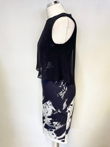 BRAND NEW PHASE EIGHT NAVY BLUE & WHITE PRINT SHEER OVERLAY TOP PENCIL DRESS SIZE 10
