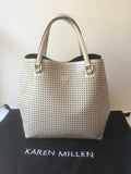 KAREN MILLEN CREAM & BLACK LINED HOLE PUNCHED LEATHER TOTE/ HAND BAG