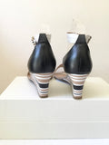 MODA IN PELLE FAWN,BLACK & WHITE STRIPE WEDGE HEEL SANDALS SIZE 5/38