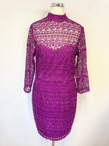PAPER DOLLS MAGENTA LACE HIGH NECK 3/4 SLEEVED PENCIL DRESS SIZE 10