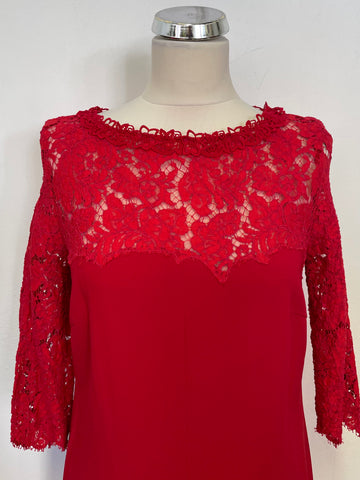 MARCCAIN RED LACE TRIMMED 3/4 SLEEVE A LINE DRESS SIZE 4 UK 14