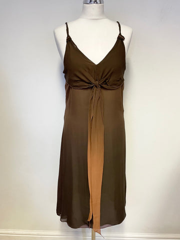 WHISTLES BROWN SILK THIN STRAP TIE FRONT A-LINE DRESS SIZE 12