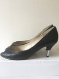 FRENCH CONNECTION BLACK LEATHER PEEPTOE SILVER TIP HEELS SIZE 6/39