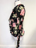 PHASE EIGHT BLACK & PINK FLORAL FRILL TRIM LONG SLEEVE BLOUSE SIZE 12