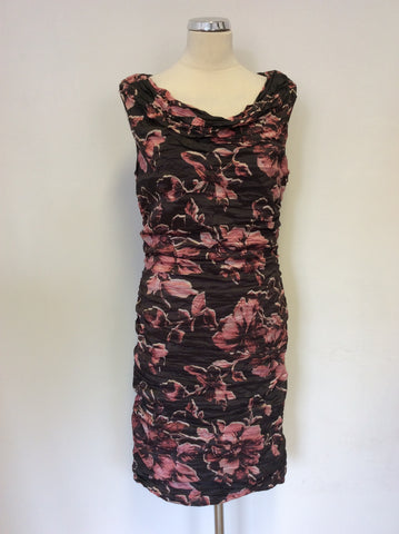 PHASE EIGHT BROWN & PINK FLORAL PRINT STRETCH PENCIL DRESS SIZE 14