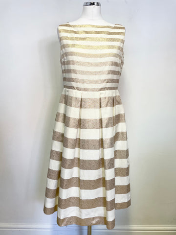 LK BENNETT CARA IVORY & GOLD METALLIC STRIPE FIT & FLARE SPECIAL OCCASION DRESS SIZE 14