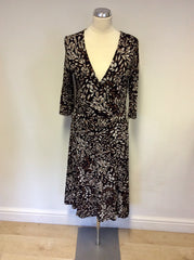 ADINI BLACK,BROWN & CREAM PRINT WRAP DRESS SIZE M
